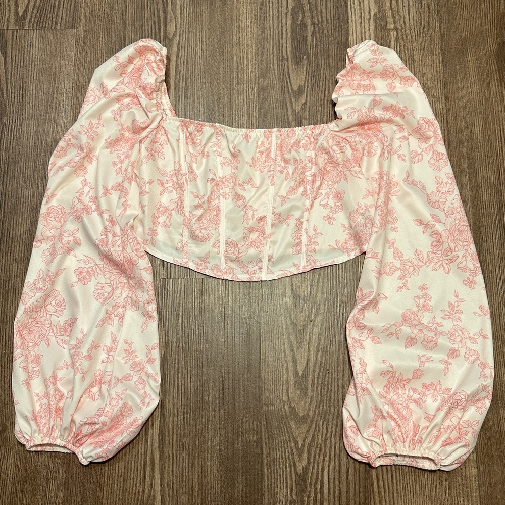Pink and White Floral Corset Crop Top with Puffy Sleeves SHEIN MOD Size Large